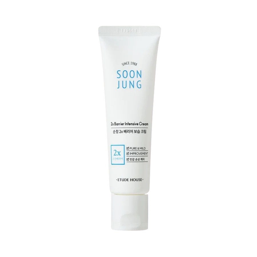 ETUDE Soon Jung 2x Barrier Intensive Cream is designed to strengthen the skin's moisture barrier and provide intense hydration. It's formulated with Panthenol and Madecassoside to soothe and protect irritated skin.